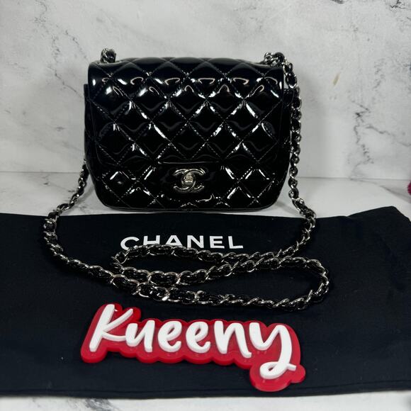 Chanel Mini Square Flap Bag Patent Leather Quilted Black/Silver CC Authentic - Picture 2 of 16